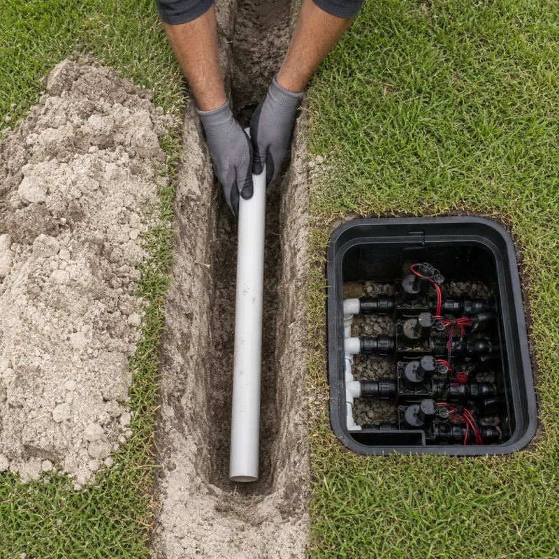 Haines City Irrigation Solutions setting a sprinkler lateral line and valve manifold in ridge sand