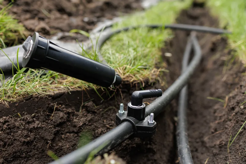 Sprinkler head and buried lateral pipe on a swing joint, sized for the flow of the irrigation zone