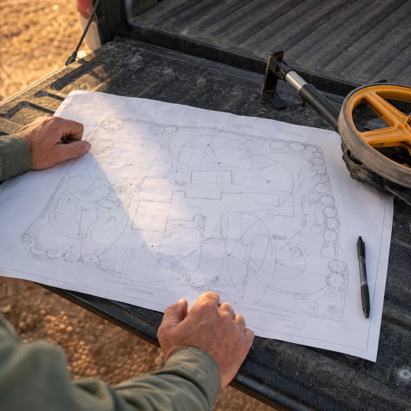 Irrigation system design drawing with zone layout and head spacing for a Haines City property