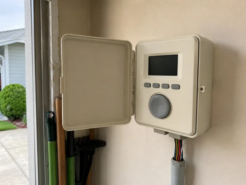 Smart WiFi irrigation controller in an outdoor-rated enclosure installed by Haines City Irrigation Solutions